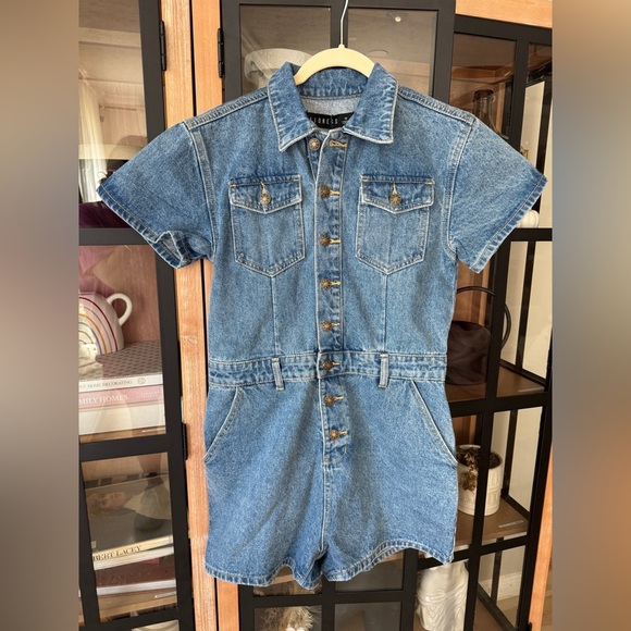 LIONESS denim romper playsuit u know what’s up short sleeve jean utility buttons - Picture 2 of 7